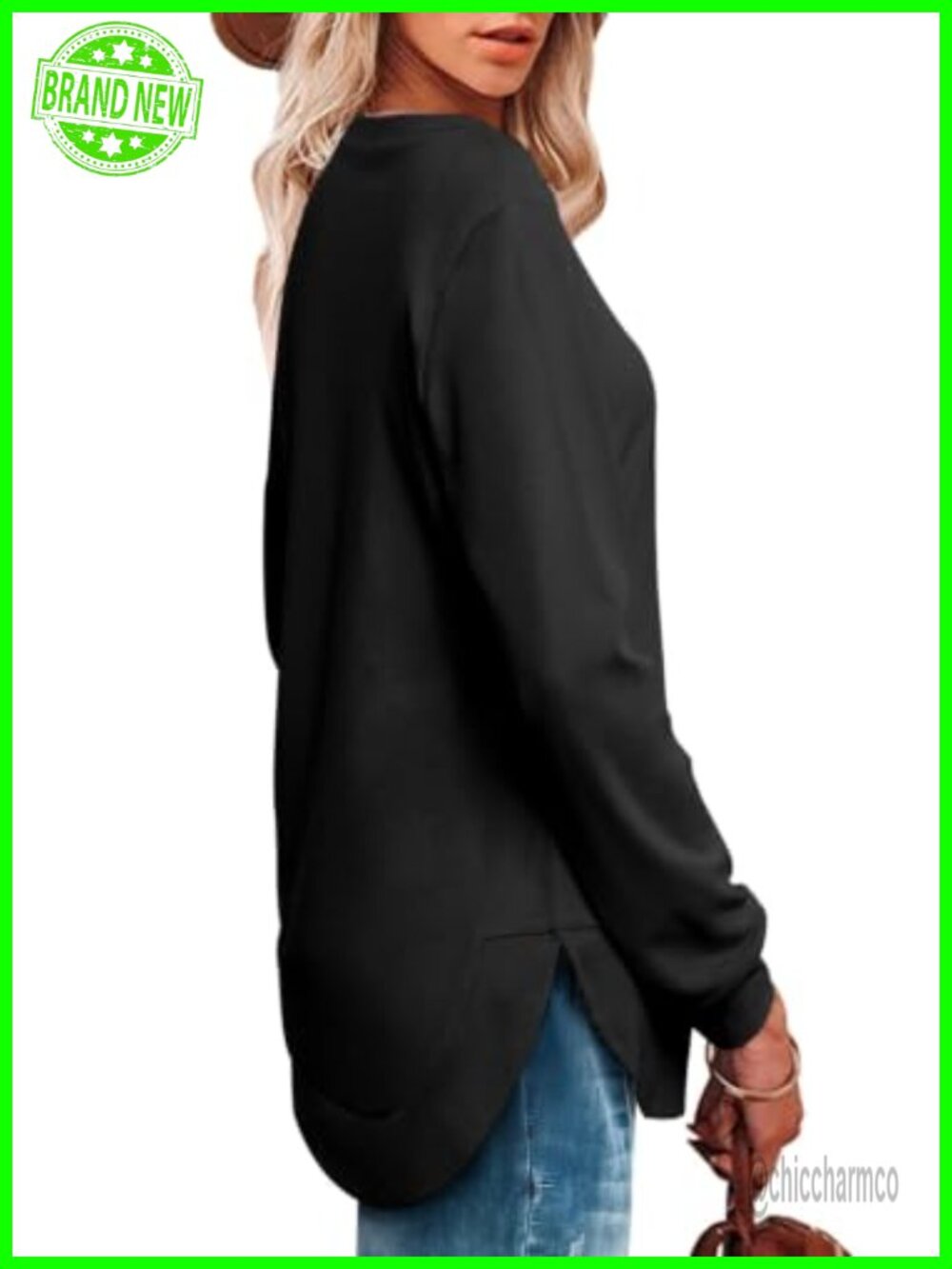 Crewneck Long Sleeve High Low Sweatshirt Curved Hem Tunic Top - Picture 2 of 6
